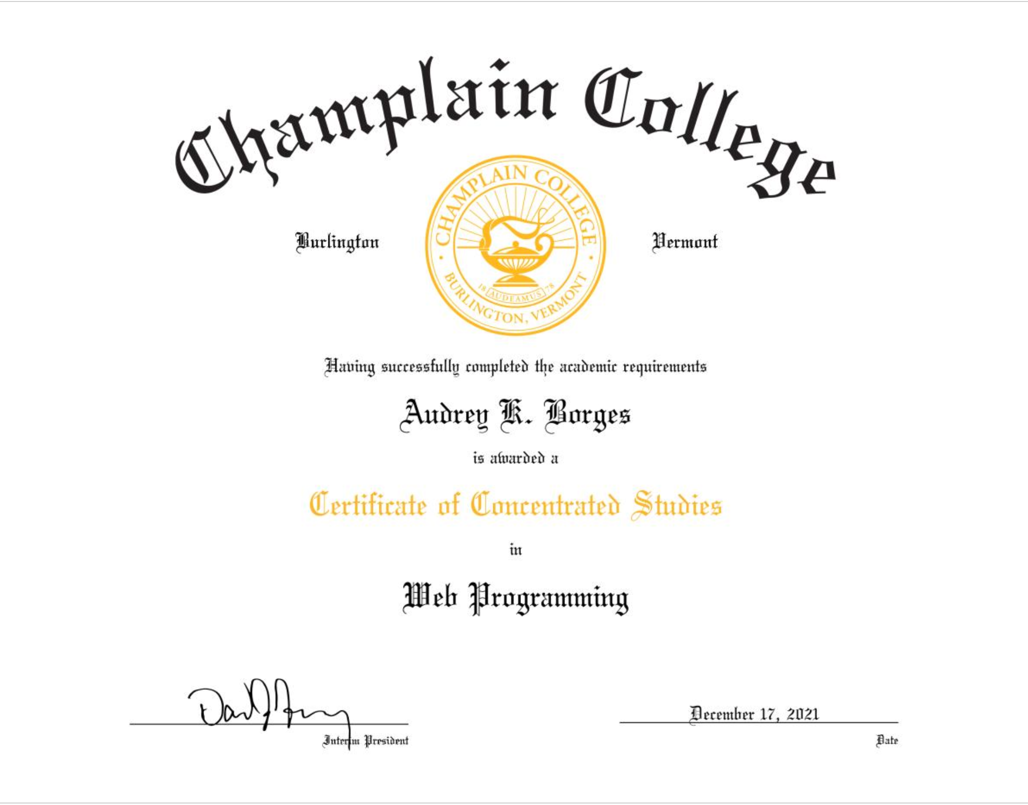 Champlain College Certificate of Concentrated Studies in Web Programming